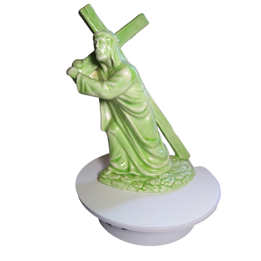 Vintage Green Glazed Ceramic Jesus Christ Carrying Cross Religious Statue 9"